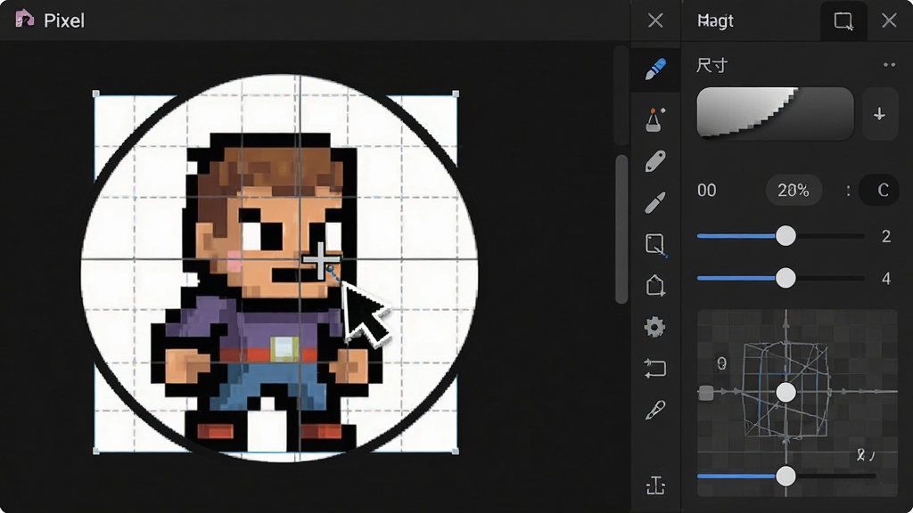 ���壺Pixel���ذ����������ر༭���棬�ص�չʾ���ʳߴ�ѡ���������빦�ܣ����֣����ҷ�����ƣ����Ϊ�������Ҳ�Ϊ������壬�Ű棺����ͼ�����ţ��������ڻ��������ɼ�����񣺼������Ĺ�����UI��������ɫ���⣬ϸ�ڣ������ϷŴ���ʾһ�����ڱ༭�����ؽ�ɫ�����������������ʹ���ʮ���Σ����ʣ��߽����ȣ��ɾ����޶���Ԫ��