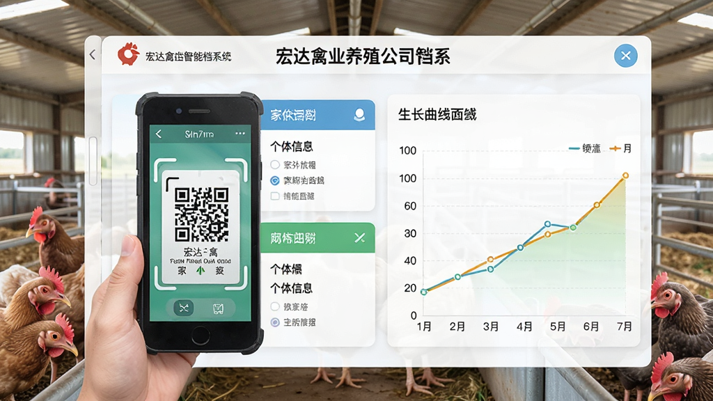 宏达禽业养殖公司管理系统智能档案页面,展示家禽二维码标签扫描界面,包含个体信息卡片、生长曲线图,背景为养殖场实景,界面友好,色彩明亮,细节丰富,画质清晰