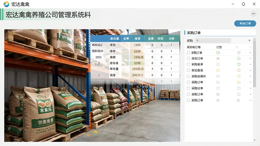 宏达禽业养殖公司管理系统饲料库存管理界面,显示仓库货架与饲料袋,配合库存量表格与采购订单列表,界面简洁实用,色调自然,细节丰富,画质清晰
