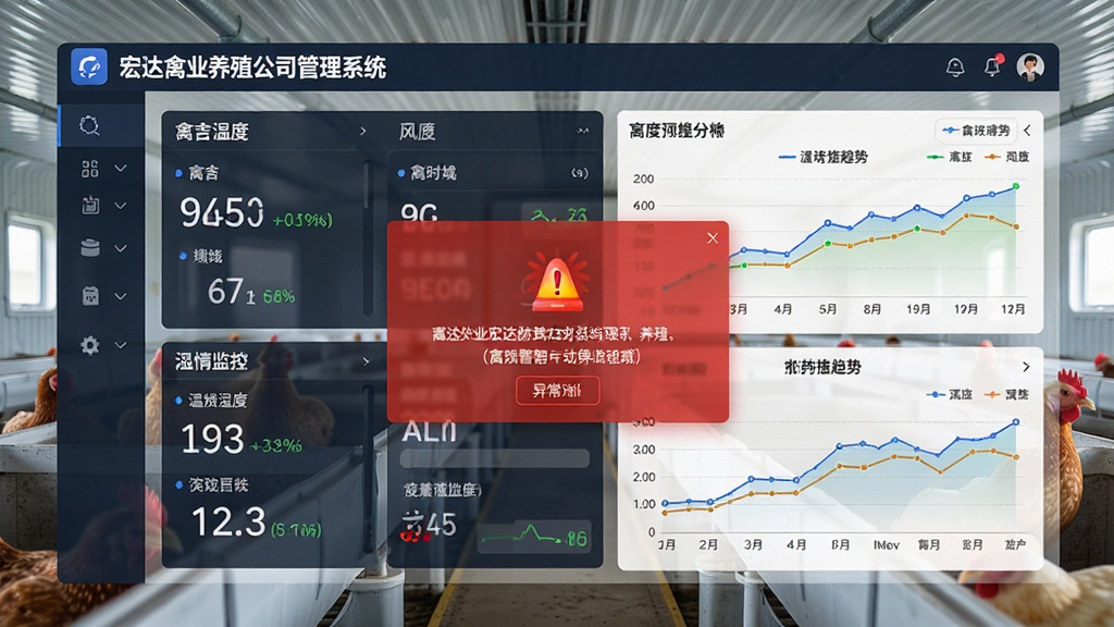 宏达禽业养殖公司管理系统疫情预警界面,显示禽舍温度湿度监控数据,红色警报弹窗提示异常,背景为现代化鸡舍,界面包含趋势图表,风格专业,细节清晰,画质高