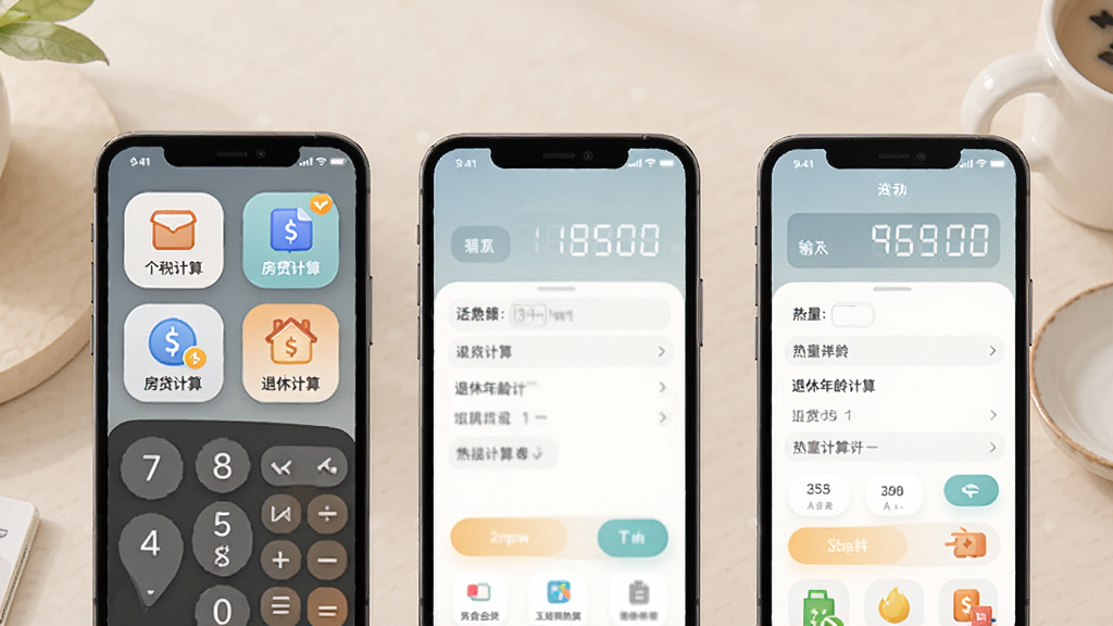 生活计算功能展示:手机免费计算器中个税计算、房贷计算、退休年龄计算、热量计算等图标模块,点击进入后显示输入界面,背景柔和,界面友好,现代简约风格,画质清晰
