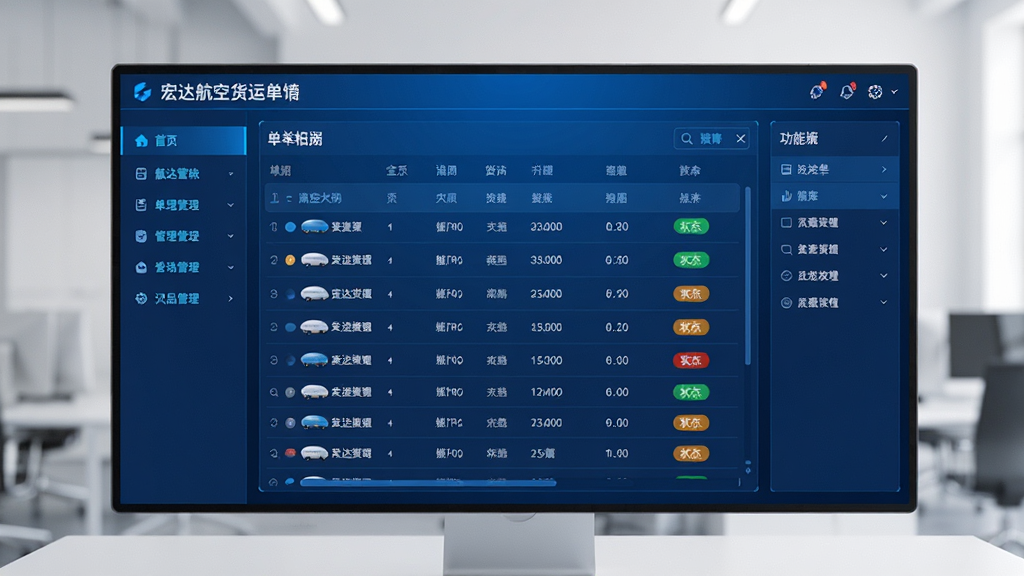 宏达航空货运单管理系统全貌,主体为蓝色科技感界面,布局为左侧导航栏、中间单据列表、右侧功能面板,排版整齐,风格商务简约,细节包括清晰的表格数据和状态标签,画质高清,干净无多余元素。
