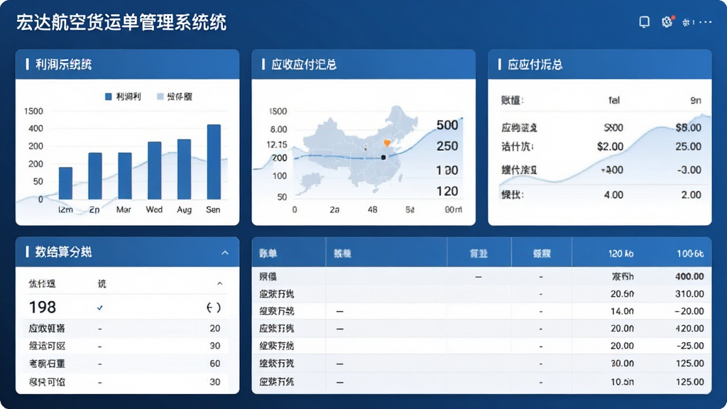 宏达航空货运单管理系统财务结算报表页面,主体为数据图表与账单列表,布局为卡片式统计与明细表格,排版疏密有致,风格商务蓝色调,细节包含利润柱状图、应收应付汇总,画质精细,干净无多余元素。