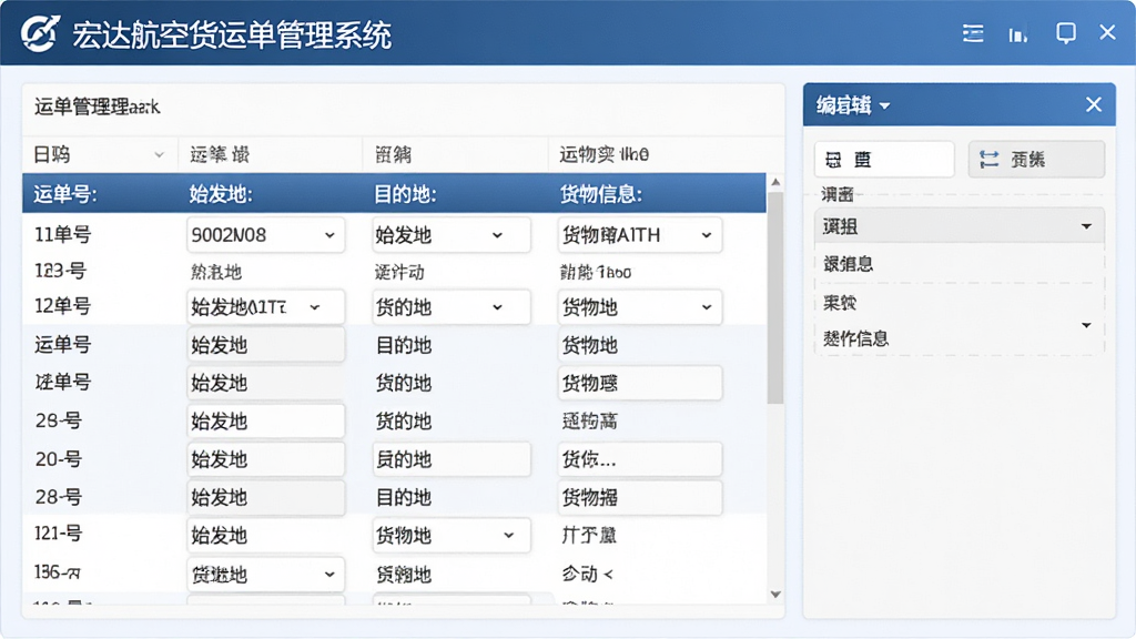 宏达航空货运单管理系统运单管理界面,主体为运单列表与编辑窗口,布局为上下结构,排版清晰,风格简洁商务,细节包含运单号、始发地、目的地、货物信息等字段,画质清晰,干净无多余元素。