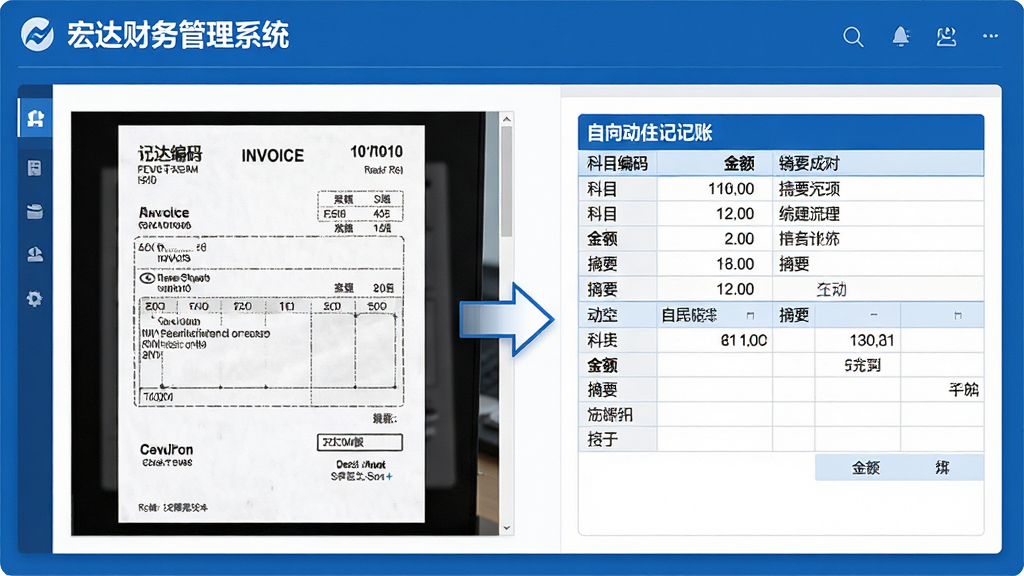 主体:宏达财务管理系统智能凭证录入界面,屏幕中显示发票扫描件与自动生成的记账凭证对照。布局:左半部分为发票图片,右半部分为凭证表格,中间用箭头连接。排版:分栏式布局,清晰展示数据流转。风格:商务简洁,蓝白配色。细节:凭证表格中显示科目编码、金额、摘要等字段,发票图片清晰。画质:高清,干净,无多余元素。