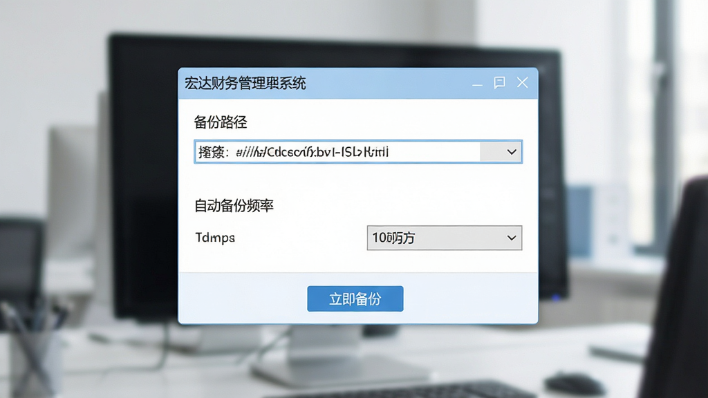 主体:宏达财务管理系统数据备份设置界面,屏幕中显示备份路径选择与自动备份频率设置。布局:设置窗口居中,下方有“立即备份”按钮。排版:简洁明了。风格:浅色商务风。细节:路径选择框与时间下拉菜单清晰。画质:高清,干净,无多余元素。
