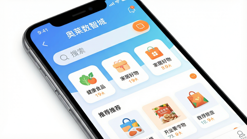 画面主体为一部亮屏的智能手机,屏幕中展示“奥莱数智城”APP主界面,上方有搜索栏,中部是健康食品、家居好物等商品分类图标,下方为推荐商品卡片流。整体布局清晰明快,采用扁平化设计风格,主色调为清新的蓝白渐变,辅以橙色点缀。画质细腻柔和,光线均匀,背景为纯白色,干净无多余元素,突出APP界面的功能性与现代感。
