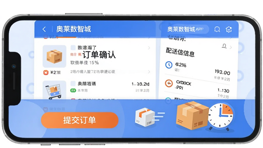 画面主体为一部手机屏幕显示“奥莱数智城”APP的订单确认页面,下方有“提交订单”按钮,旁边配有快递箱和时钟图标,象征快速配送。布局采用左右分栏,左侧为商品缩略图,右侧为配送信息。风格为扁平化插画,配色以蓝白为主,辅以橙色高亮,画质干净清晰,背景纯白,无多余元素,突出便捷高效的购物体验。