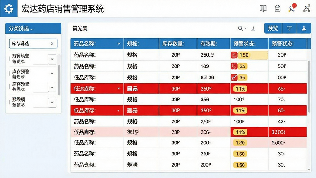 一幅宏达药店销售管理系统的库存管理模块预览图,画面中央是一个药品库存列表表格,包含药品名称、规格、库存数量、有效期、预警状态等列,部分低库存药品行以红色高亮标注,左侧有分类筛选条件,整体界面采用蓝白配色,布局规整,数据清晰,风格专业,画质干净,无多余元素
