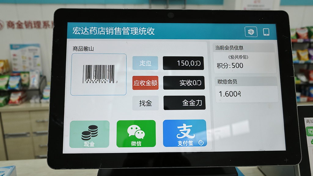 一张宏达药店销售管理系统收银界面的实拍图,界面中央突出显示收银操作台,包含商品扫码输入框、应收金额、实收金额、找零金额等字段,下方有现金、微信、支付宝等支付方式图标按钮,右侧显示当前会员信息与积分,整体设计简洁实用,色彩明亮,风格现代,画质清晰,无多余元素
