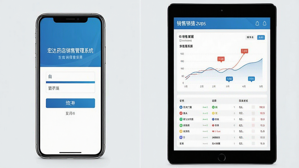 一张展示宏达药店销售管理系统在手机和平板电脑上运行的预览图,画面分为左右两部分,左边是手机登录界面,右边是平板电脑的销售数据看板,背景为浅灰色,整体风格清爽简洁,色彩以蓝白为主,画质高清,干净无多余元素