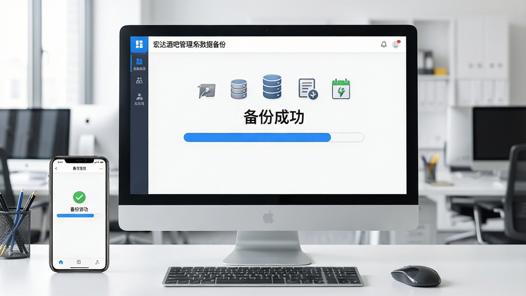 主体:宏达酒吧管理系统数据备份界面,电脑屏幕显示备份进度条,背景是办公室环境。布局:电脑屏幕居中,显示“备份成功”提示,旁边有手机屏幕同步显示。排版:界面简洁,进度条蓝色,文字清晰。风格:商务办公风,明亮光线。细节:屏幕上数据图标细腻,键盘鼠标可见。画质:高清,干净,无多余元素。