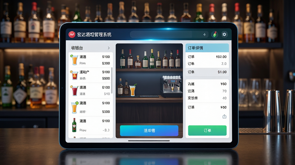 主体:宏达酒吧管理系统收银界面,平板电脑显示点单与支付页面,背景是酒吧吧台。布局:平板电脑位于画面中央,屏幕上显示“宏达酒吧管理系统”收银台页面,左右两侧是酒水菜单列表和订单详情。排版:界面布局清晰,色彩鲜艳,按钮醒目。风格:现代简约,带有科技感光效。细节:屏幕上的价格数字、酒水图标清晰可辨,背景吧台酒柜陈列整齐。画质:4K高清,干净,无多余元素。