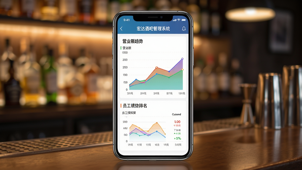主体:宏达酒吧管理系统手机端报表页面,手机屏幕显示营业额趋势折线图与员工绩效排名。布局:手机居中,屏幕朝上,周围有吧台场景虚化。排版:手机屏幕内容清晰,图表颜色鲜艳。风格:商务科技风,搭配柔和灯光。细节:图表数据清晰,手机边缘有金属质感。画质:高清,干净,无多余元素。
