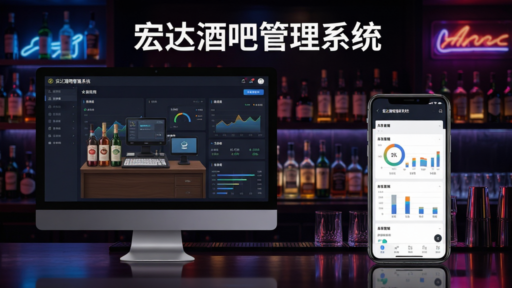 主体:宏达酒吧管理系统软件界面展示,电脑屏幕与手机屏幕并排显示系统后台数据图表,屏幕上有“宏达酒吧管理系统”字样。布局:左侧电脑屏幕展示收银台界面,右侧手机屏幕展示库存管理页面,背景为深色酒吧环境,吧台摆放酒瓶和酒杯。排版:两个屏幕居中摆放,形成对称构图,屏幕内容清晰可辨。风格:现代科技感,结合酒吧霓虹灯元素,光影效果丰富。细节:屏幕上的数据图表细腻,酒瓶标签清晰,灯光反射自然。画质:8K超高清,干净,无多余元素。