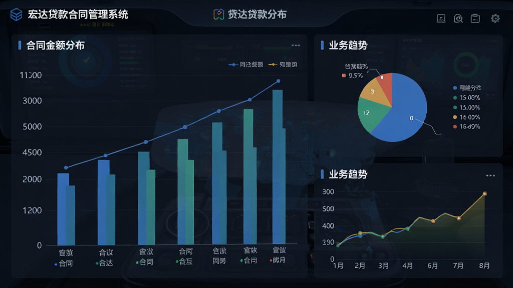 画面展示宏达贷款合同管理系统的数据统计图表,包含柱状图、饼图,展示合同金额分布、业务趋势,背景为深色驾驶舱风格,数据清晰,画质精细。