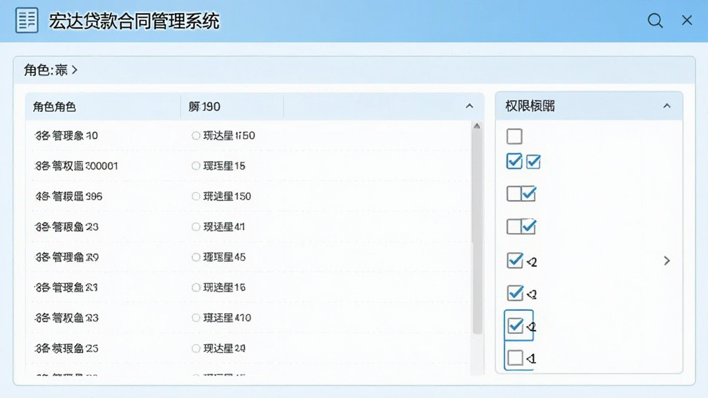 画面展示宏达贷款合同管理系统的权限设置界面,包含角色列表、权限勾选菜单,界面以浅蓝色为主,干净整洁,画质清晰。