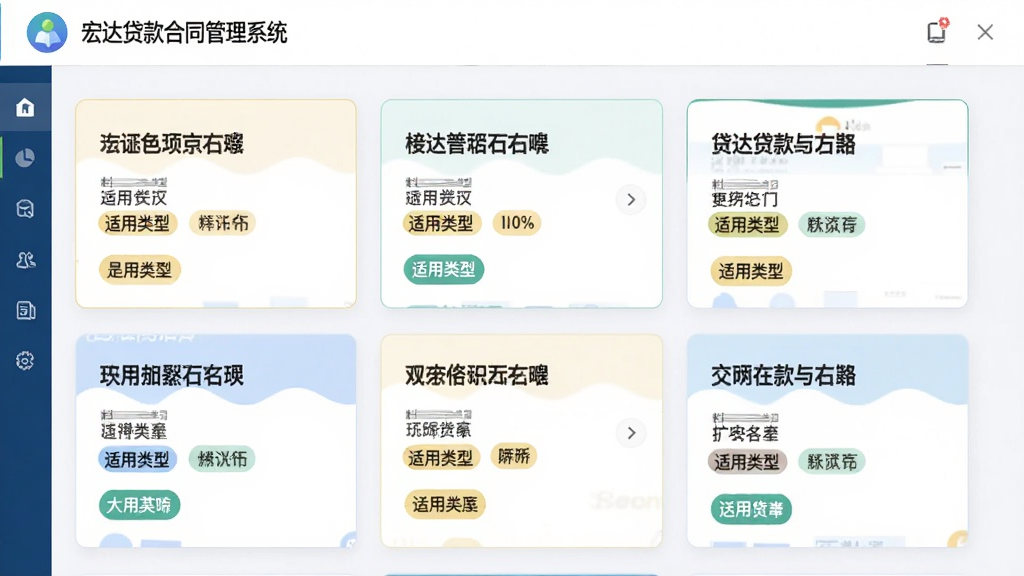 画面展示宏达贷款合同管理系统的模板选择界面,多个合同模板卡片排列,包含模板名称、适用类型标签,界面简洁,色彩明快,画质高清。