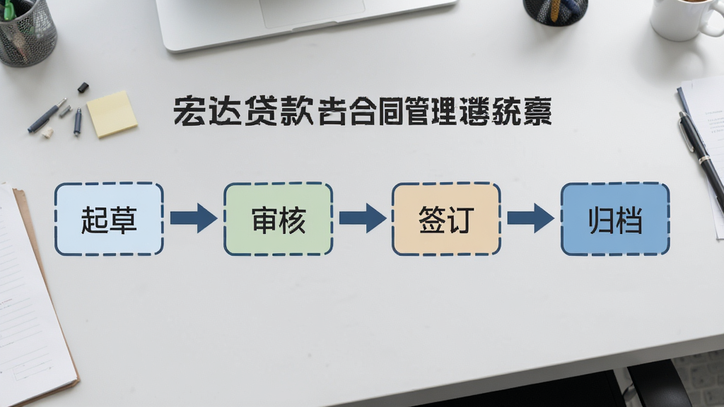 画面展示宏达贷款合同管理系统的合同审批流程图,包含起草、审核、签订、归档节点,用箭头连接,背景为浅灰色工作台,风格简洁,排版清晰,画质干净。