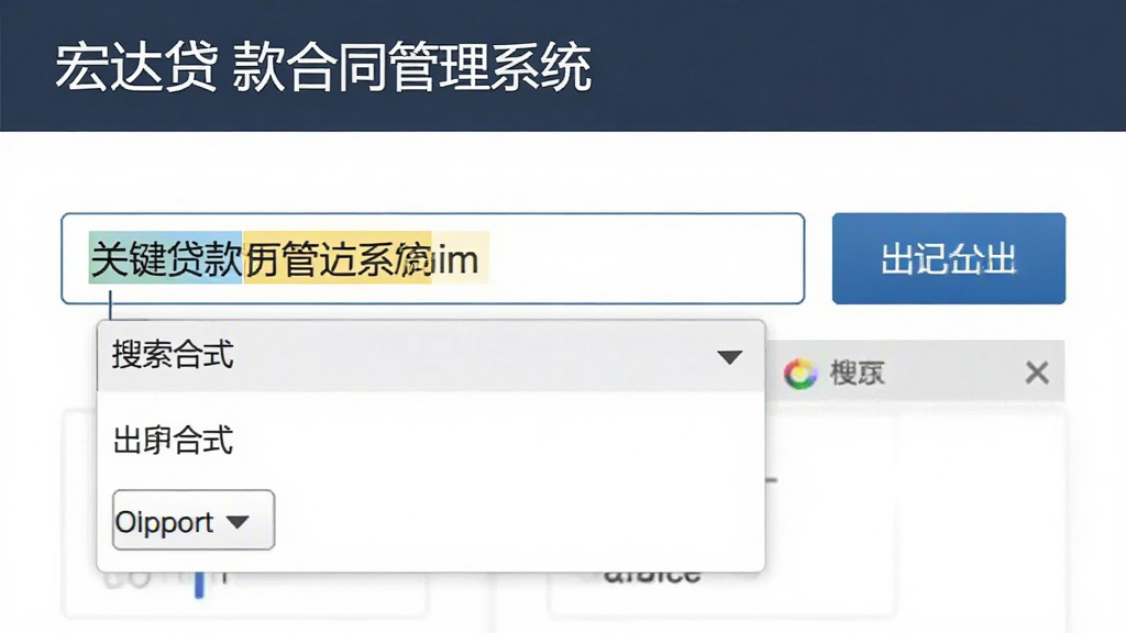 画面展示宏达贷款合同管理系统的搜索框与导出按钮,界面简洁,关键词高亮显示,导出格式选项下拉菜单,风格商务,画质干净。