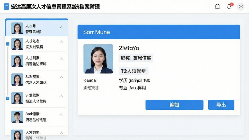 主体:宏达高层次人才信息管理系统的档案管理界面,显示一名人才的详细信息卡片;布局:界面居中,左侧为人才列表,右侧为详情面板;排版:信息卡片式布局,字段排列整齐;风格:清新简洁,蓝白配色;细节:卡片上显示姓名、职称、学历、专业等信息,有