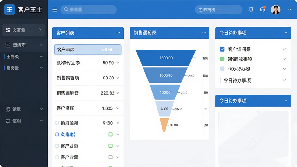 客户王软件主界面截图,展示客户列表、销售漏斗和今日待办事项,布局清晰,采用蓝白配色,现代简约风格,界面干净整洁,高分辨率,细节丰富,无多余元素。