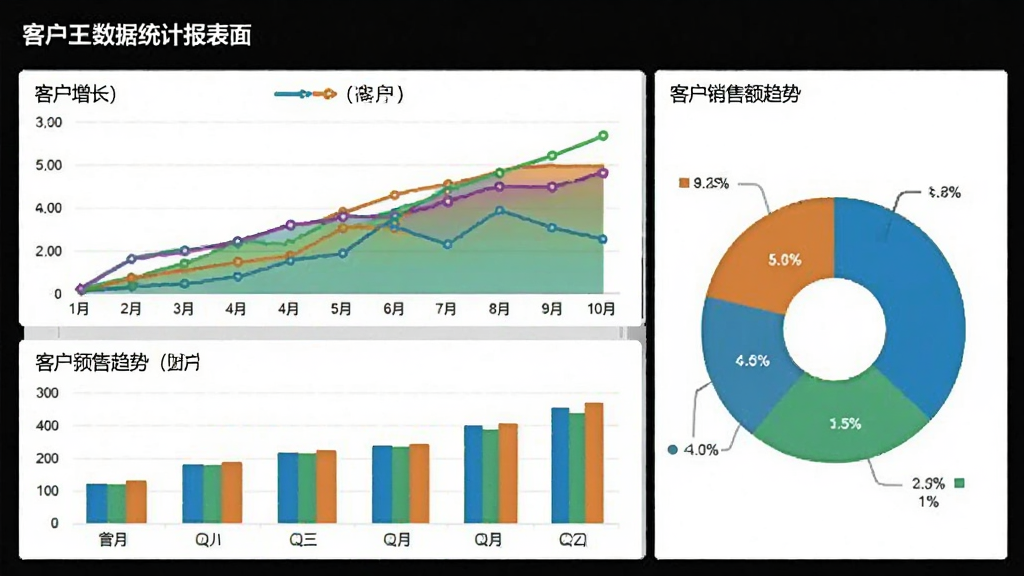 客户王数据统计报表页面,包含折线图、柱状图和饼图,展示客户增长和销售额趋势,图表色彩丰富,布局合理,背景白色,商业分析风格,画质清晰,无多余元素。
