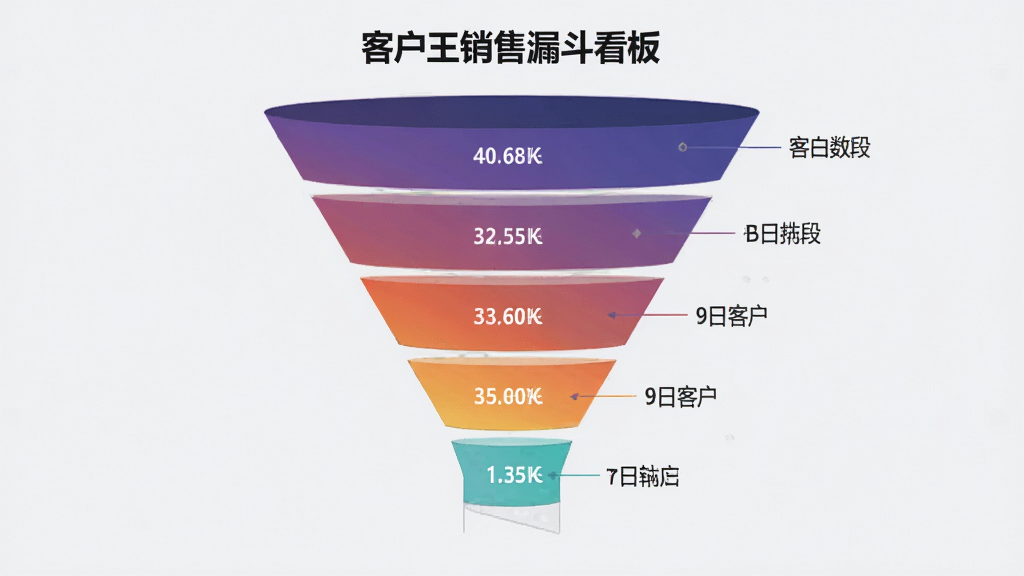 客户王销售漏斗看板,显示不同阶段客户数量,漏斗图形直观,颜色渐变,配有数据标签,背景为浅灰色,商务风格,简洁大方,高清晰度,无多余装饰。