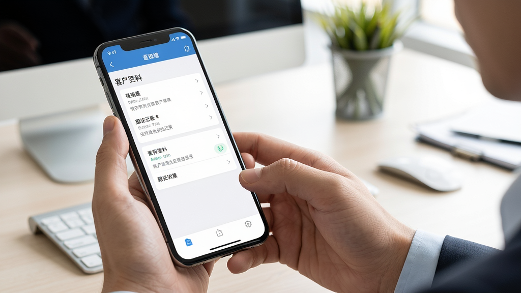 客户王手机端使用场景图,展示在手机上查看客户资料和跟进记录,手机屏幕清晰显示软件界面,背景为办公桌面,光线明亮,真实感强,画质高清,无多余元素。