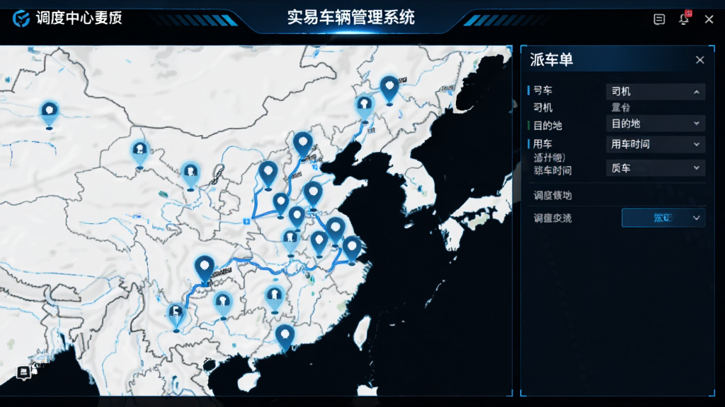 调度中心界面:实易车辆管理系统调度页面,地图上显示车辆位置标记,右侧有派车单信息,包含司机、目的地、用车时间等,界面科技感强,蓝黑色调,画质清晰