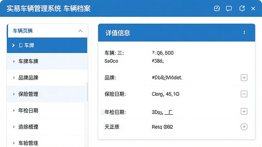 功能界面截图:实易车辆管理系统车辆档案页面,左侧为车辆列表,右侧显示一辆车的详细信息卡片,包含车牌、品牌、保险日期、年检日期等,界面简洁,蓝白配色,画质清晰,无多余元素