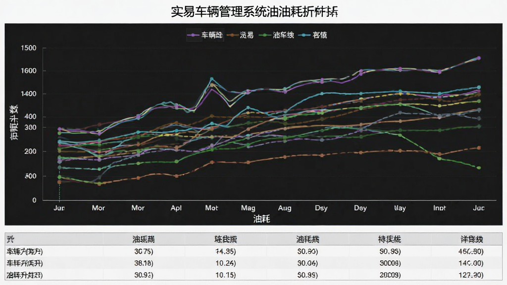 数据报表预览:实易车辆管理系统油耗分析折线图,横轴为月份,纵轴为油耗升数,多条彩色线条对比不同车辆,下方有表格显示详细数据,背景为浅色,整体简洁专业