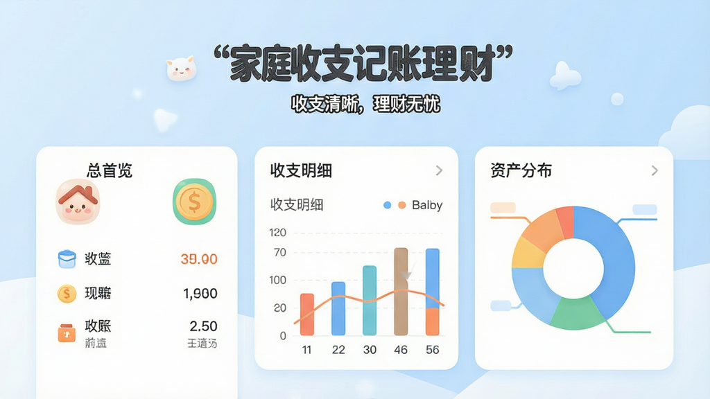 家庭收支记账理财软件主界面,展示首页总览、收支明细图表和资产分布,采用扁平化设计风格,整体布局清晰简洁,色彩温馨明亮,图标圆润可爱,背景为淡蓝色渐变,画面干净整洁,无多余元素,文字标注“家庭收支记账理财”和“收支清晰,理财无忧”,画质高清,细节丰富。