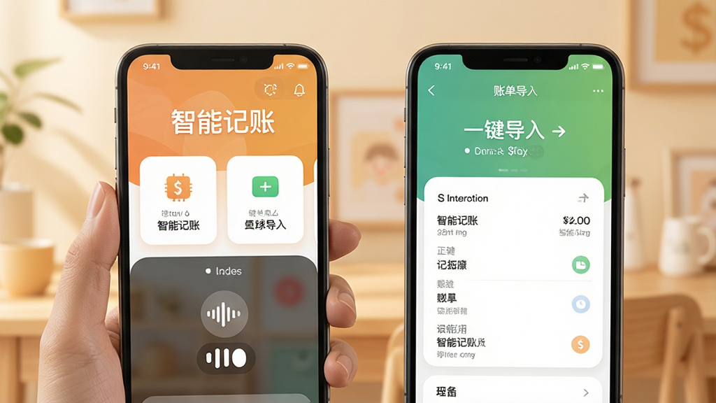 家庭收支记账理财软件智能记账功能展示,手机界面显示语音输入和账单导入界面,界面设计简洁,卡片式布局,图标清晰,背景为暖色调,突出“智能记账”和“一键导入”文字,画面干净,画质高清,无多余元素。