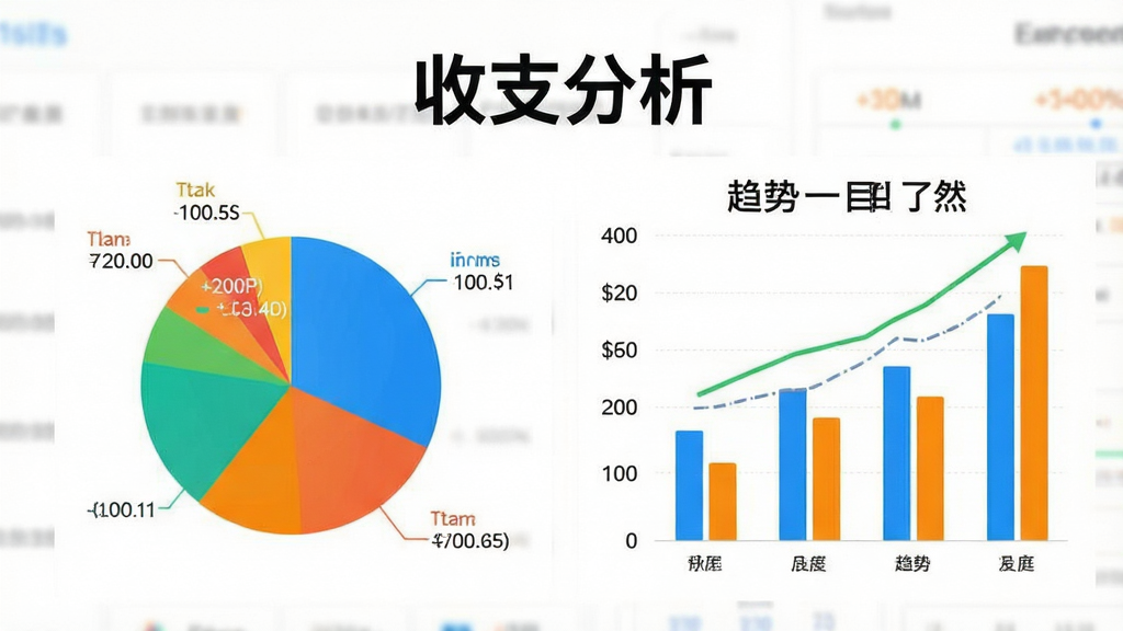 家庭收支记账理财软件报表分析界面,展示饼图和柱状图,图表色彩鲜艳,数据标注清晰,背景为白色,整体风格简约专业,突出“收支分析”和“趋势一目了然”文字,画质干净,无多余元素。
