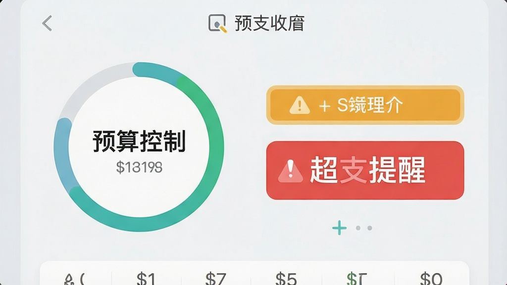 家庭收支记账理财软件预算管理界面,展示环形进度条和预警提示,界面设计直观,色彩搭配和谐,背景为浅灰色,突出“预算控制”和“超支提醒”文字,画质清晰,无多余元素。