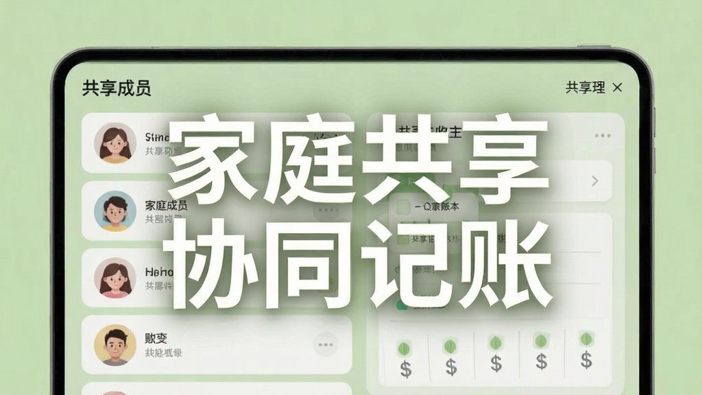 家庭收支记账理财软件多人协同界面,展示家庭成员列表和共享账本,界面采用卡片式设计,人物头像和昵称清晰,背景为淡绿色,风格温馨,突出“家庭共享”和“协同记账”文字,画质干净,无多余元素。