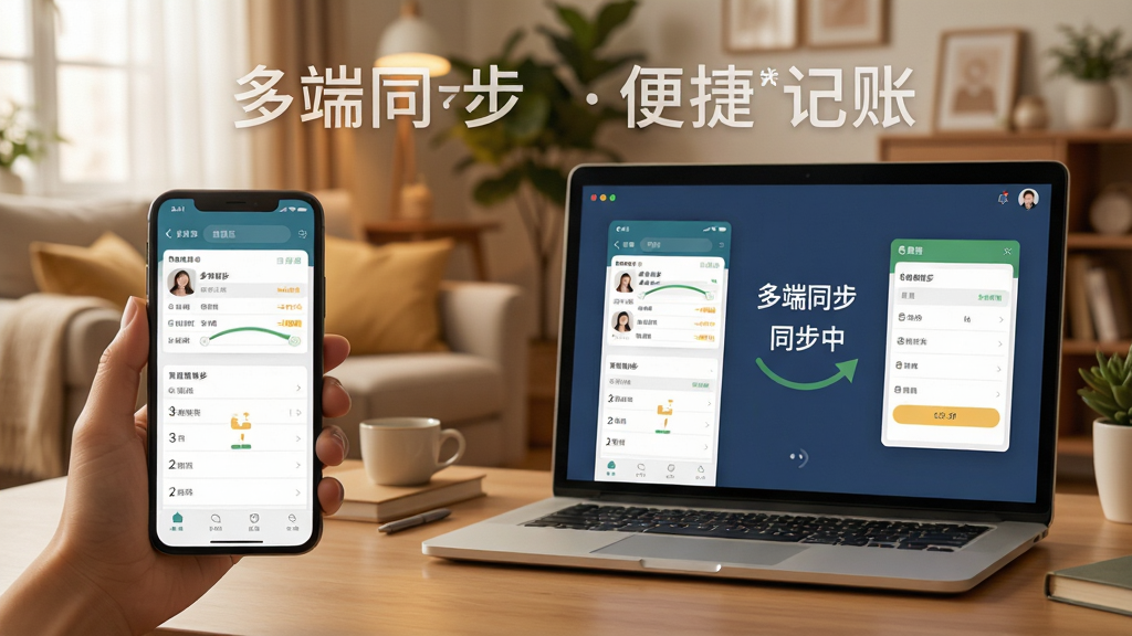 家庭收支记账理财软件使用场景图,展示手机和电脑同时打开软件,数据同步中,背景为居家环境,画面温馨,突出“多端同步”和“便捷记账”文字,画质清晰,无多余元素。