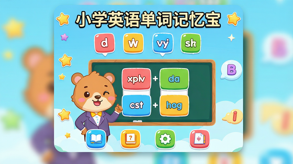 画面主体为“小学英语单词记忆宝”软件界面悬浮在半空中,界面展示可爱的卡通动物老师与彩色单词卡片。布局采用中心构图,界面放大展示单词配对游戏场景。排版上,标题“小学英语单词记忆宝”居中置顶,下方依次排列功能图标。风格为扁平化卡通插画风,色彩明亮活泼,细节包括星星、字母气泡等装饰。画质高清,干净,无多余元素。