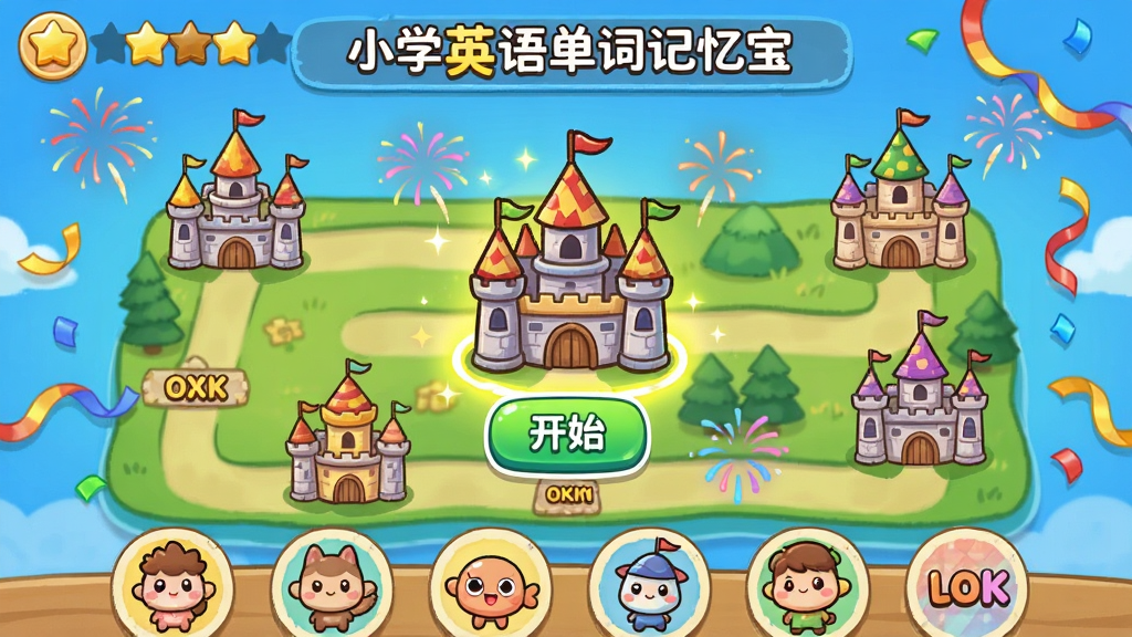 图片主体为“小学英语单词记忆宝”游戏闯关地图界面,地图上分布着不同主题的城堡关卡。布局采用横版卷轴式,当前关卡高亮并带有开始按钮。排版清晰,上方显示关卡星级评价,下方为单词卡通图标。风格为Q版可爱手绘风,色彩鲜艳明亮。细节处有烟花和彩带特效,画质细腻,干净,无多余元素。
