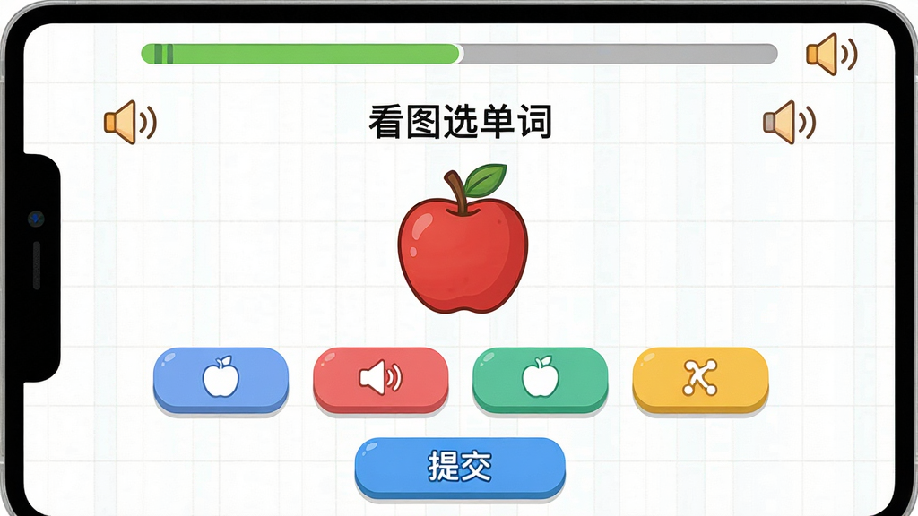 图片主体为“小学英语单词记忆宝”做题界面,展示一道“看图选单词”的题目,画面中央是苹果图片,下方四个选项按钮。布局标准,顶部进度条,底部为提交按钮。排版规整,选项按钮色彩各异。风格为清爽的卡通风,背景有淡淡的网格纹路。细节包括小喇叭朗读图标,画质高清,干净,无多余元素。