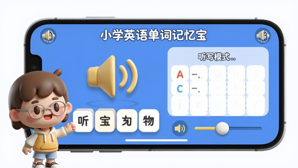 图片主体为一部智能手机横屏显示“小学英语单词记忆宝”的听写模式界面,屏幕上有大喇叭图标和单词拼写字母框。布局为左右结构,左侧是卡通形象引导,右侧是听写区。排版清晰,字体圆润。风格为3D渲染卡通风格,光线柔和。细节包括耳机图标和音量调节滑块,画质精细,干净,无多余元素。