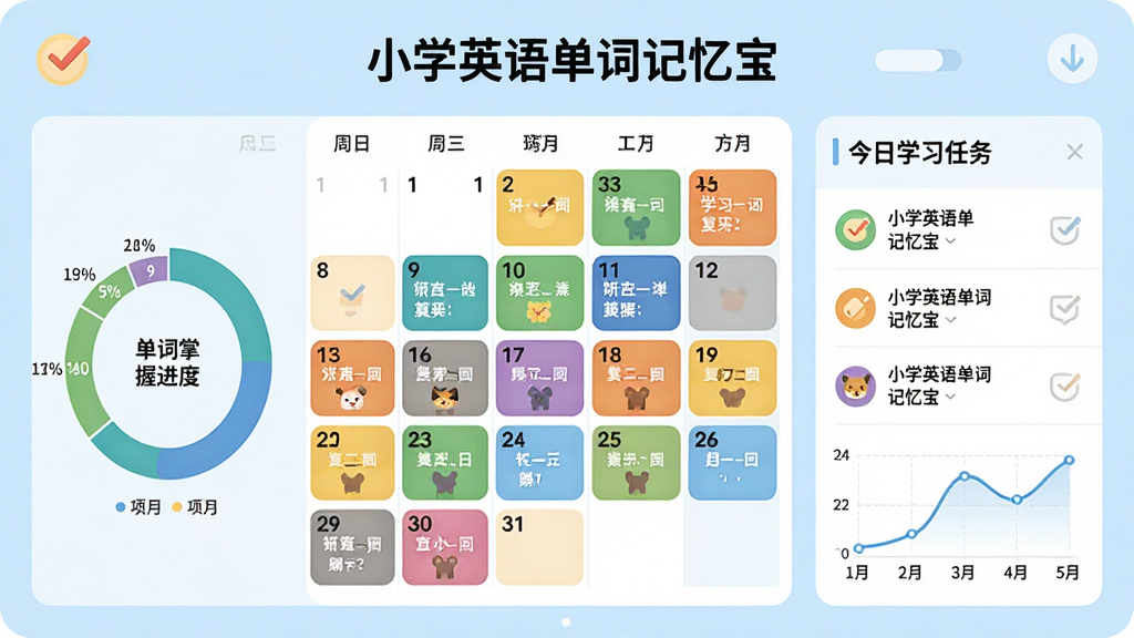 画面主体为“小学英语单词记忆宝”的智能复习日历界面,日历上用不同颜色标记学习与复习日期。布局为平铺式,左侧是单词掌握进度环形图,右侧为今日学习任务列表。排版简洁直观,数据可视化呈现。风格为现代简约扁平风,背景为淡蓝色,细节包括打卡图标和记忆曲线图。画质清晰,干净,无多余元素。