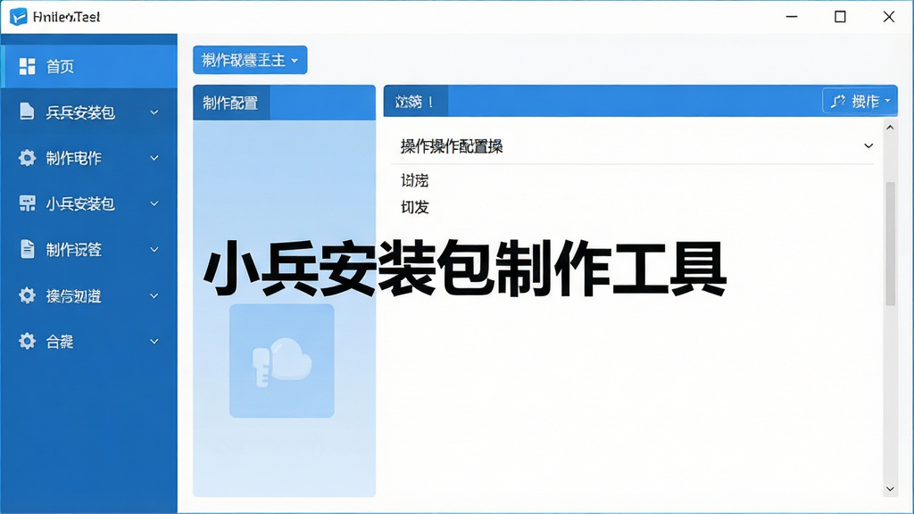 一张展示小兵安装包制作工具主界面的高清截图,界面布局清晰,左侧为功能导航栏,右侧为操作配置区域,整体风格简洁现代,色彩以蓝白为主,画质干净,无多余元素,图片中央显示软件名称“小兵安装包制作工具”