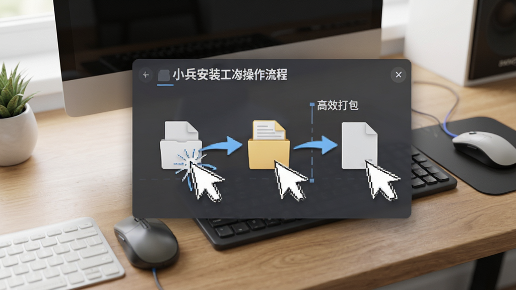 一张展示小兵安装包制作工具操作流程的示意图,包含鼠标点击和文件拖拽动作,背景为工作桌面,风格写实,光线明亮,画面干净,突出“高效打包”主题