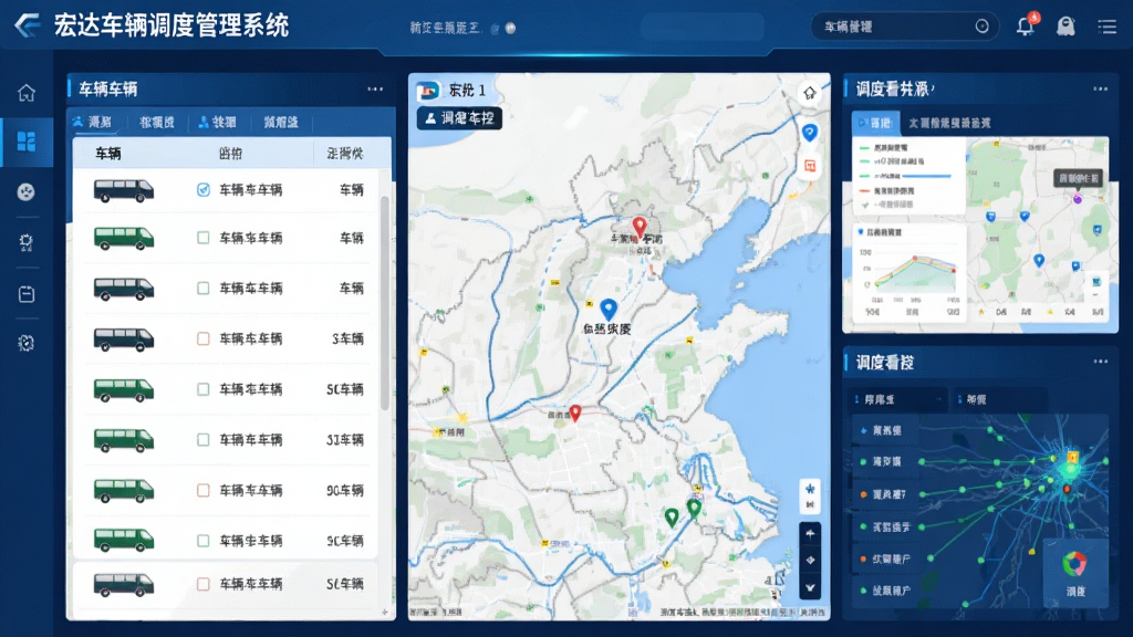 宏达车辆调度管理系统主界面,展示车辆列表、地图监控、调度看板,布局清晰,科技蓝风格,界面干净,无多余元素,画质高清