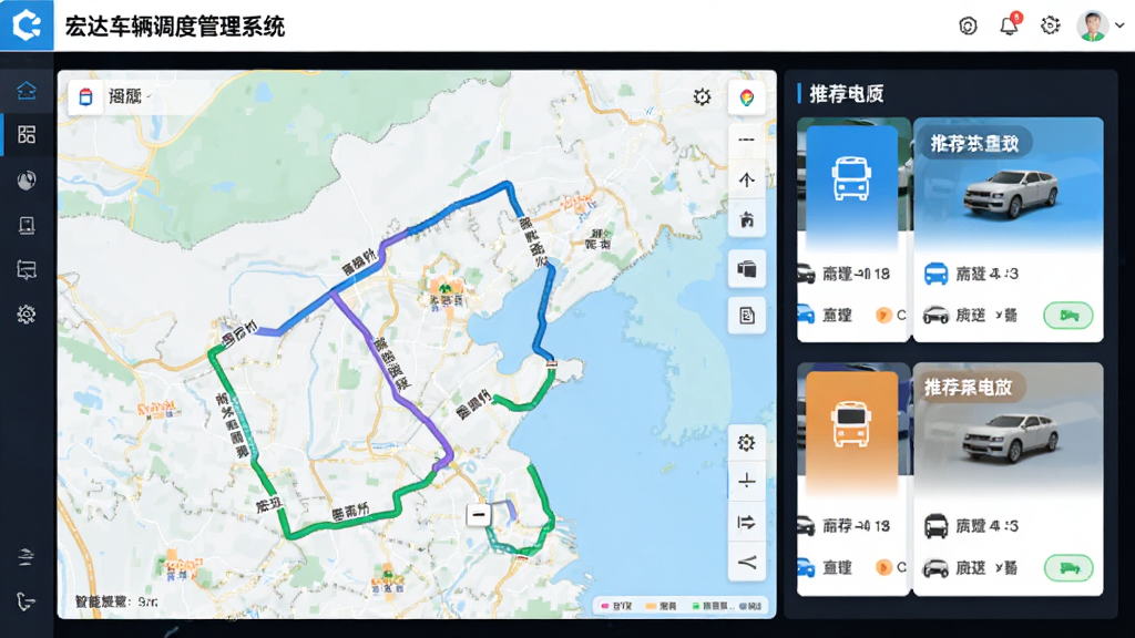 宏达车辆调度管理系统智能派单界面,显示地图路线和推荐车辆卡片,布局直观,色彩鲜明,界面干净,画质高清