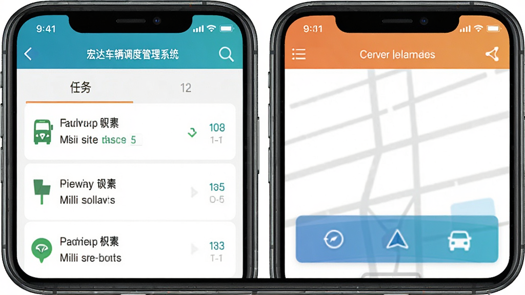 宏达车辆调度管理系统手机端司机App界面,显示任务列表和导航按钮,简洁扁平化设计,色彩明快,画质高清