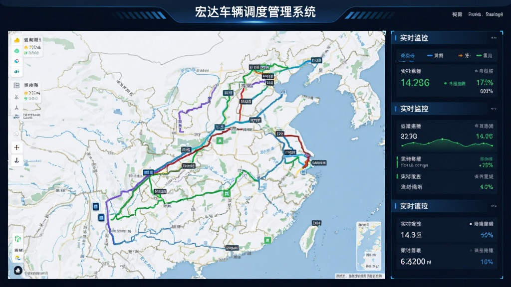 宏达车辆调度管理系统轨迹监控大屏,地图上显示多辆车轨迹线条,实时数据面板,科技感强,界面干净,画质高清