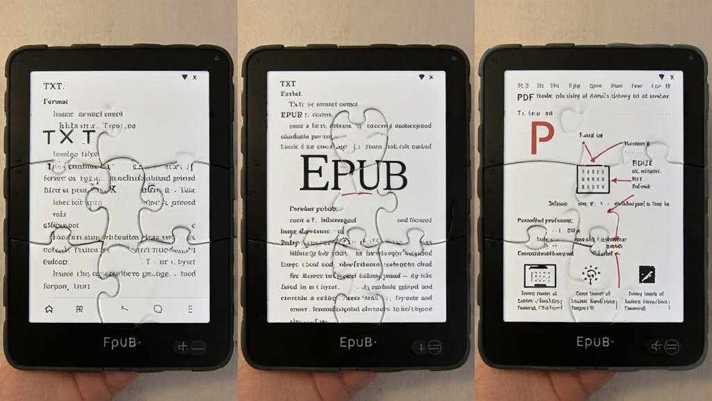 展示小手阅读器打开多种格式电子书的界面拼图,分别显示TXT、EPUB、PDF三种格式的阅读效果,排版整齐,画质干净,无多余元素。